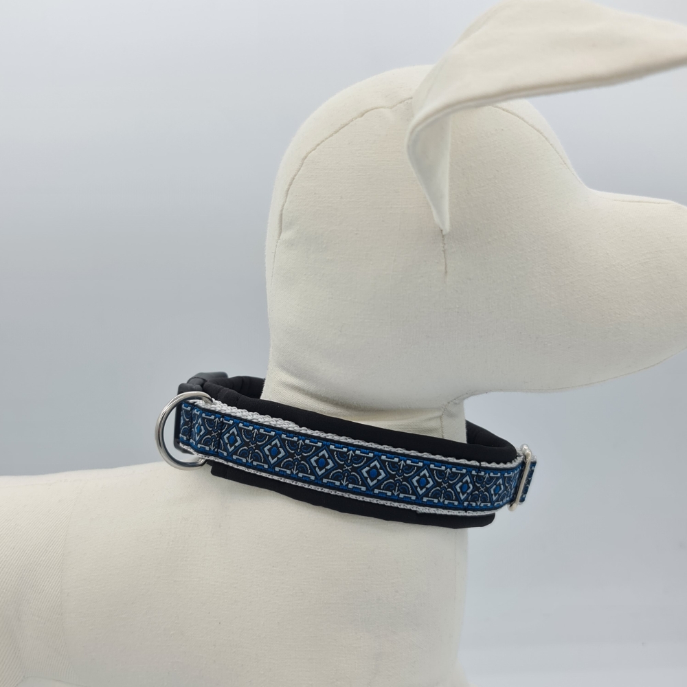 Halsband schwarz-blau-grau mit edler Bordüre verstellbar & gepolstert